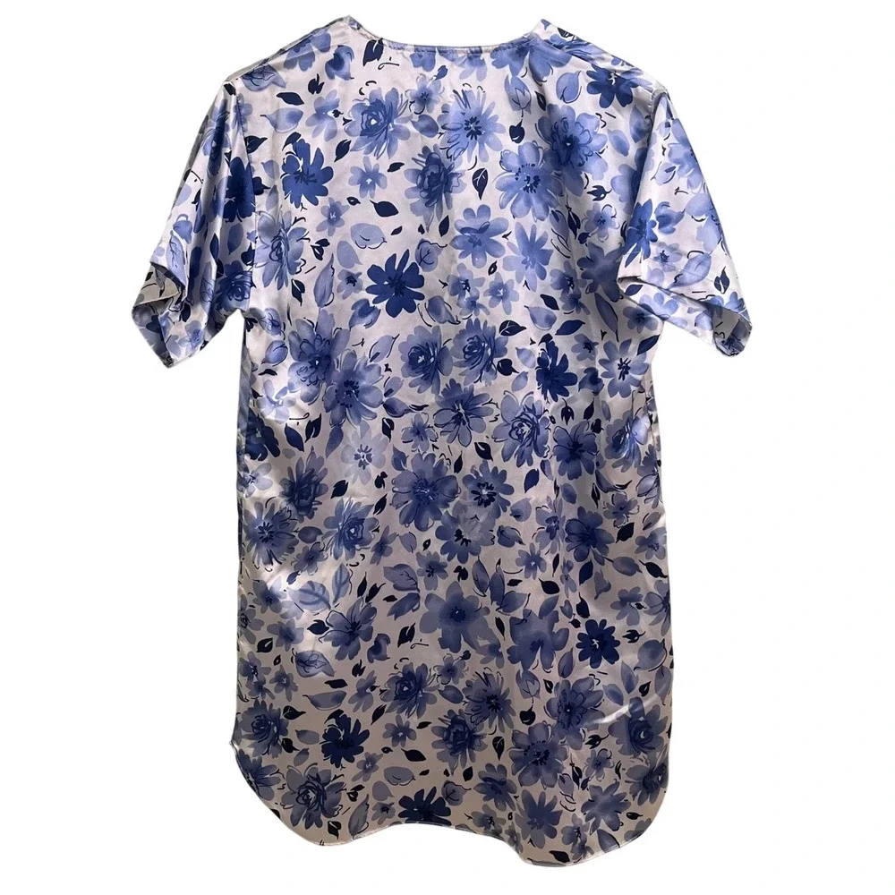 Vanity Fair Blue‎ White Floral Button Down Collared Nightgown Sleepwear Medium